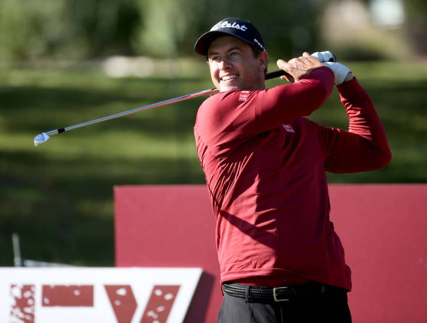 Adam Scott hits on the eighth tee during the Shriners Hospitals for Children Open Pro-Am at TPC ...