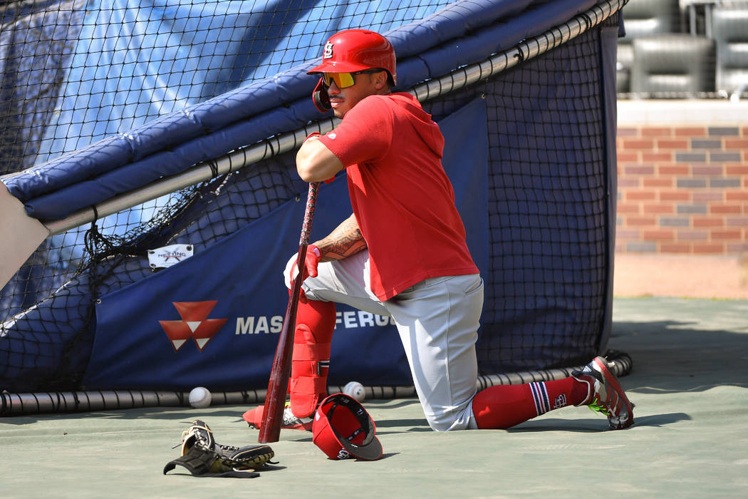 St. Louis Cardinals second baseman Kolten Wong waits to bat during a baseball team workout Wedn ...