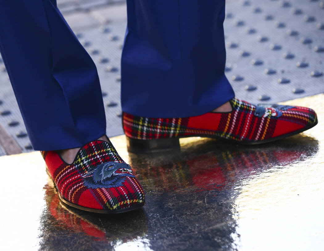 Shoes worn by Golden Knights' Nate Schmidt as he arrives on the gold carpet after arriving for ...