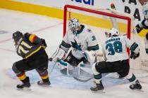 Vegas Golden Knights center William Karlsson (71) takes a shot on San Jose Sharks goaltender Ma ...