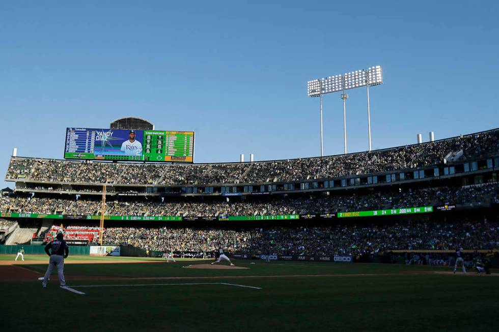 Oakland Athletics starting pitcher Sean Manaea throws against the Tampa Bay Rays during the fir ...