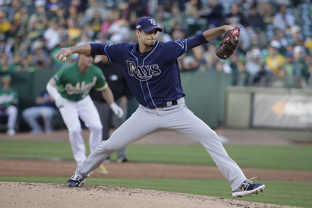 Tampa Bay Rays pitcher Charlie Morton throws to an Oakland Athletics batter during the first in ...