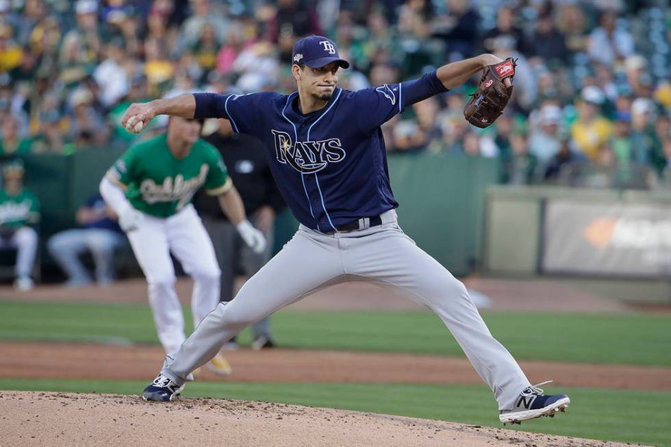 Tampa Bay Rays pitcher Charlie Morton throws to an Oakland Athletics batter during the first in ...