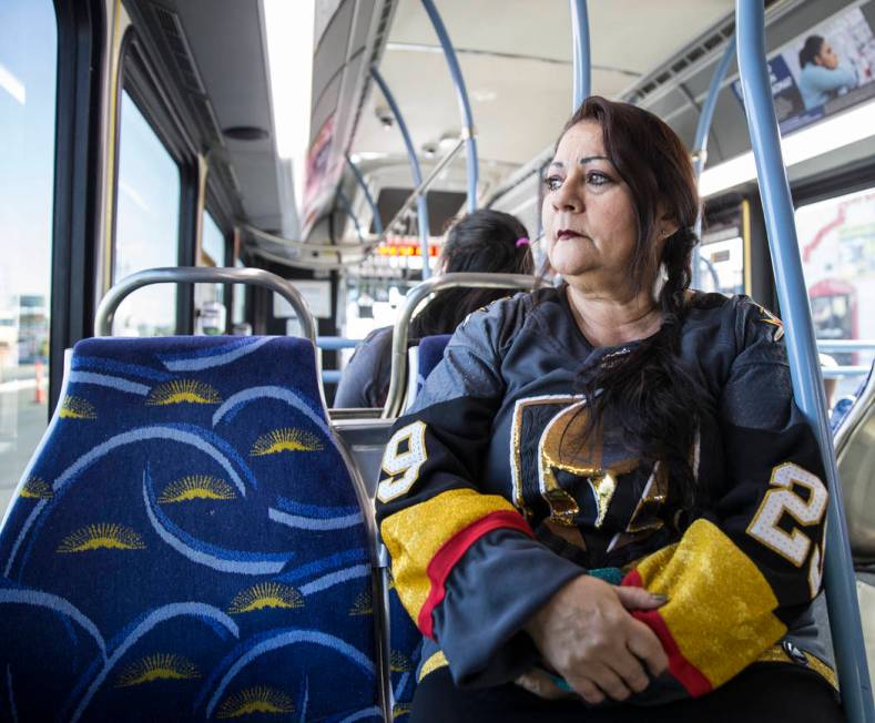 Elena Leger rides an RTC bus to Toshiba Plaza to watch the Vegas Golden Knights season opener a ...