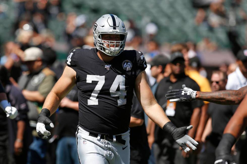 Oakland Raiders offensive tackle Kolton Miller (74) during introductions before an NFL football ...