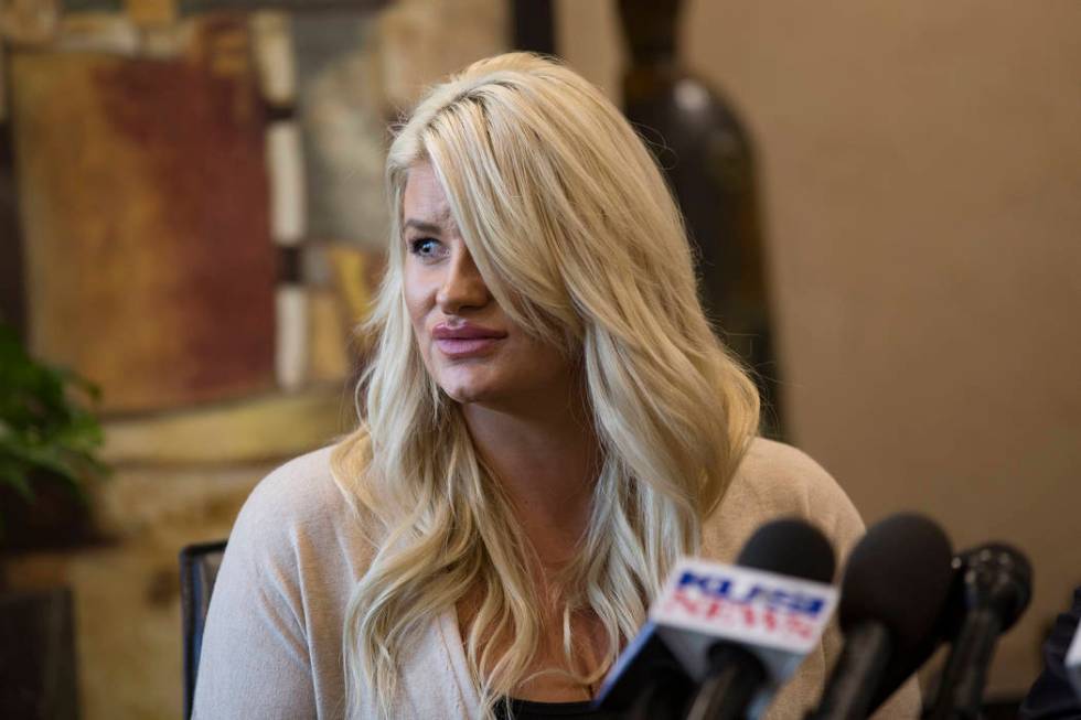 Chelsea Romo, a survivor of the mass shooting in Las Vegas, talks to the media at a news confer ...