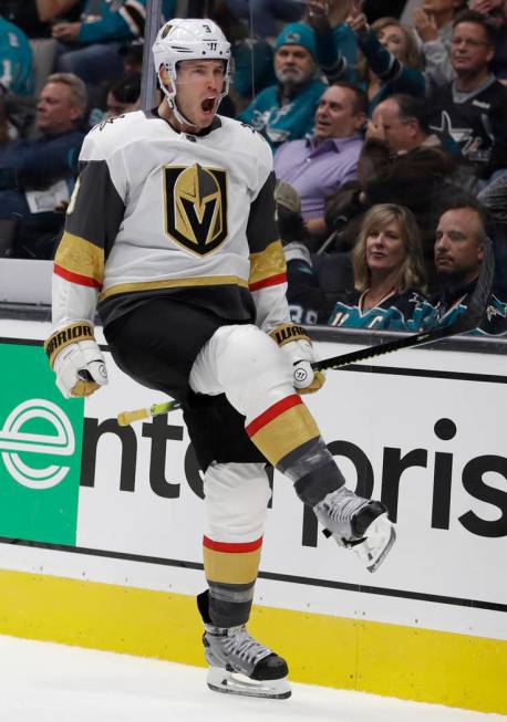 Vegas Golden Knights' Brayden McNabb celebrates after scoring a goal against the San Jose Shark ...
