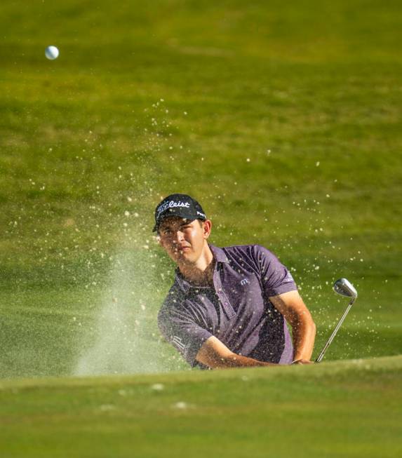 Patrick Cantlay digs out of a sand trap on hole 9 during the third round of Shriners Hospitals ...