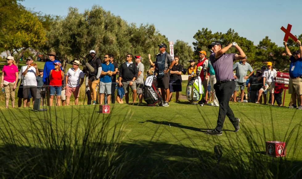 Patrick Cantlay tees off in front of the gallery on hole 9 during the third round of Shriners H ...