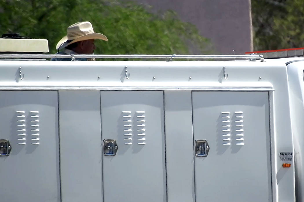 A bull is secured Sunday, Oct. 6, 2019, near Owens Avenue and Betty Lane in Las Vegas. (Mat Lus ...