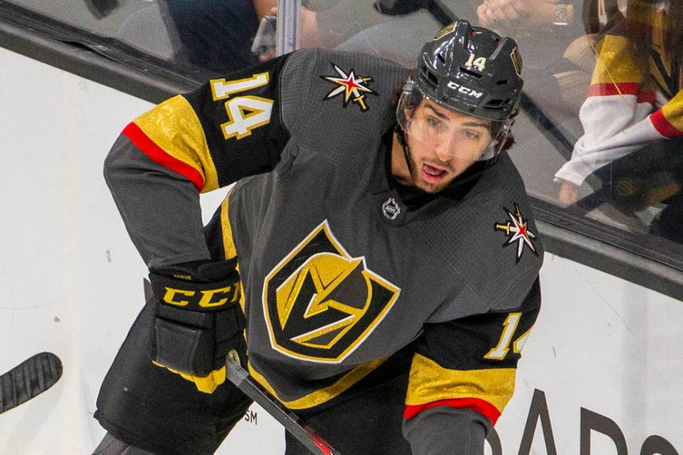 Vegas Golden Knights defenseman Nicolas Hague (14) looks to pass versus the San Jose Sharks dur ...