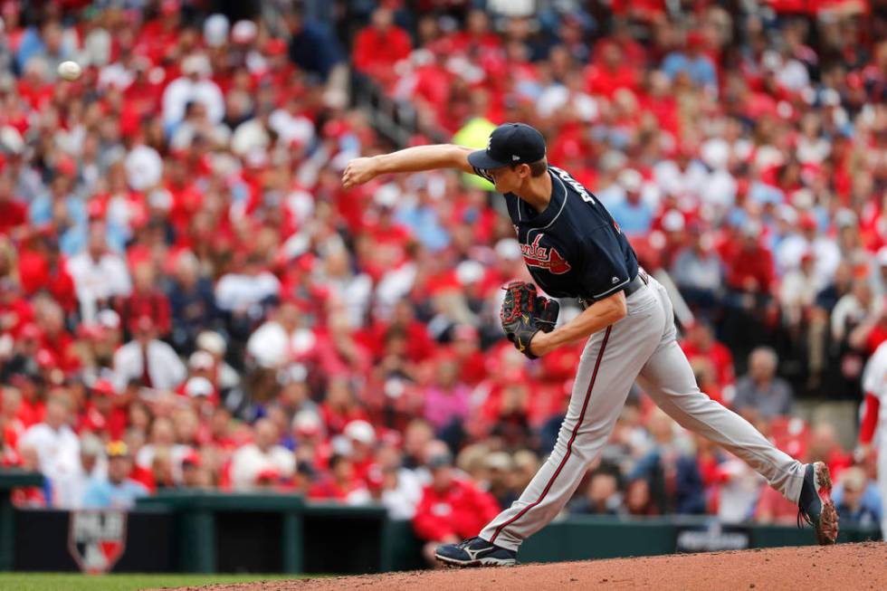 Atlanta Braves starting pitcher Mike Soroka throws during the second inning in Game 3 of a Nati ...