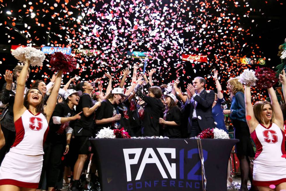 The Stanford Cardinals celebrate after defeating the Oregon Ducks during a NCAA college basketb ...