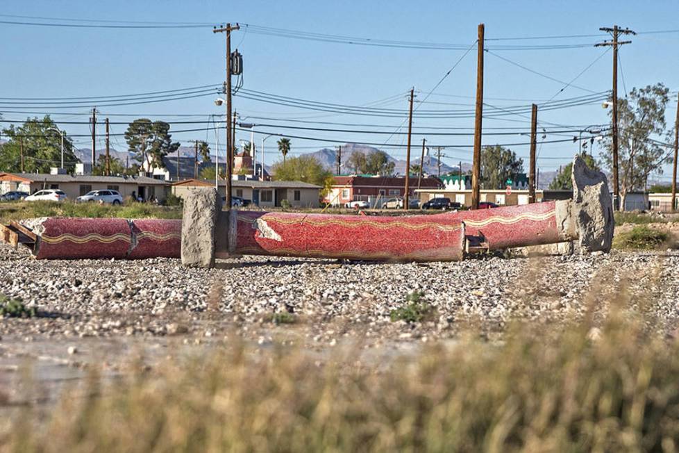 A trio of red mosaic columns are among the few relics left of the Moulin Rouge on Friday, April ...