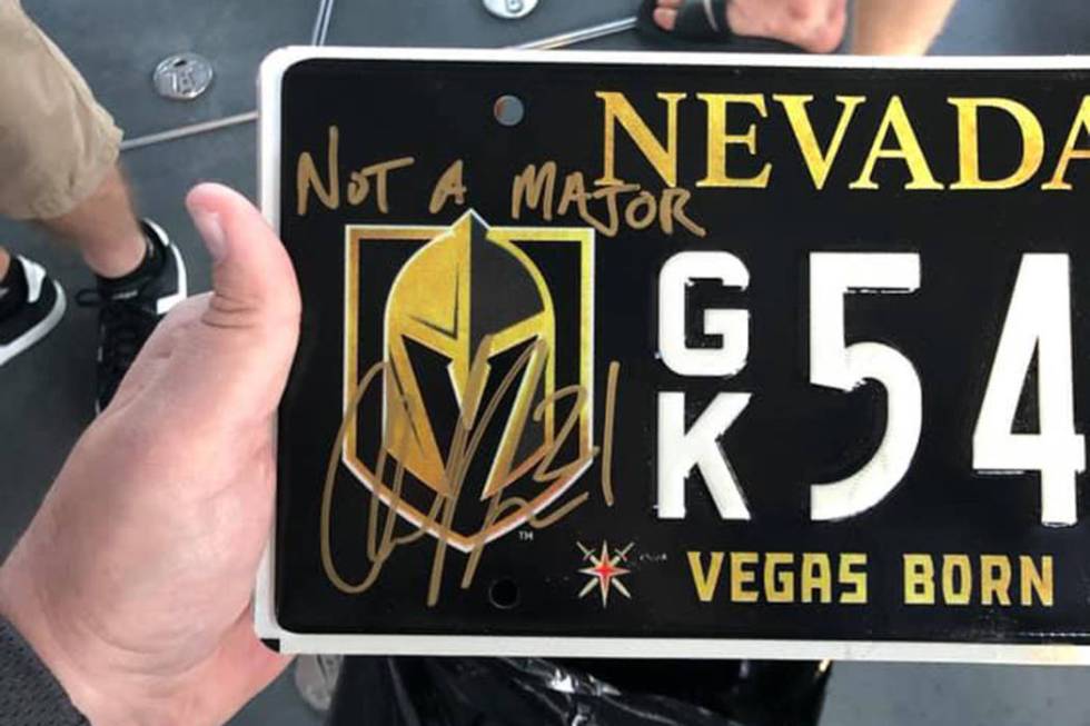 An autographed Golden Knights license plated signed by Cody Eakin. (Jonathan Burdette/Facebook)