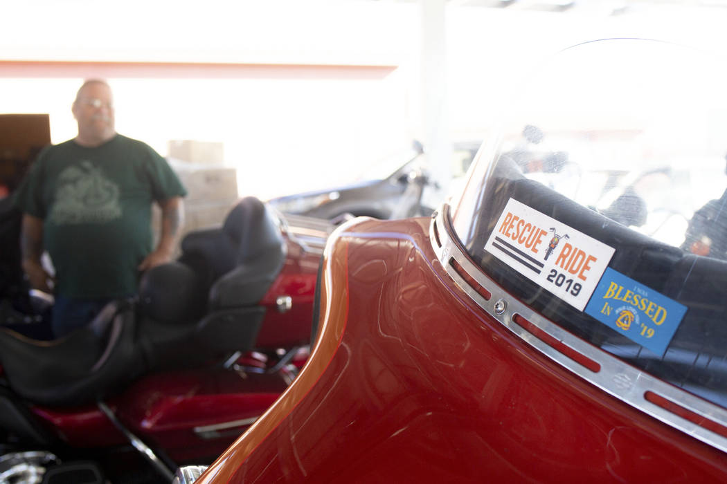 Rescue Rider's parked motorcycles after arriving at the Las Vegas Rescue Mission during a tour ...