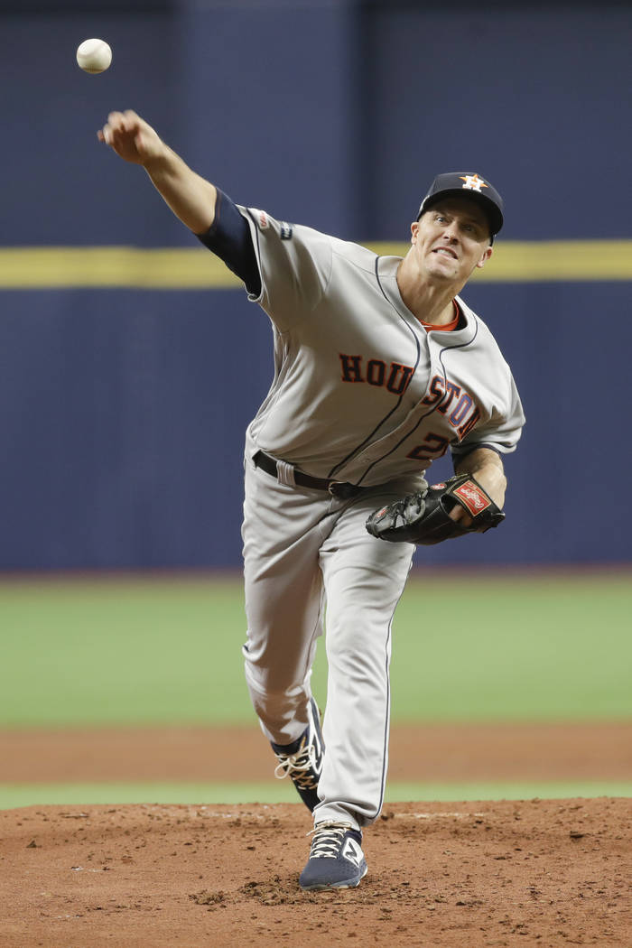 Houston Astros starting pitcher Zack Greinke throws during the first inning of Game 3 of a base ...