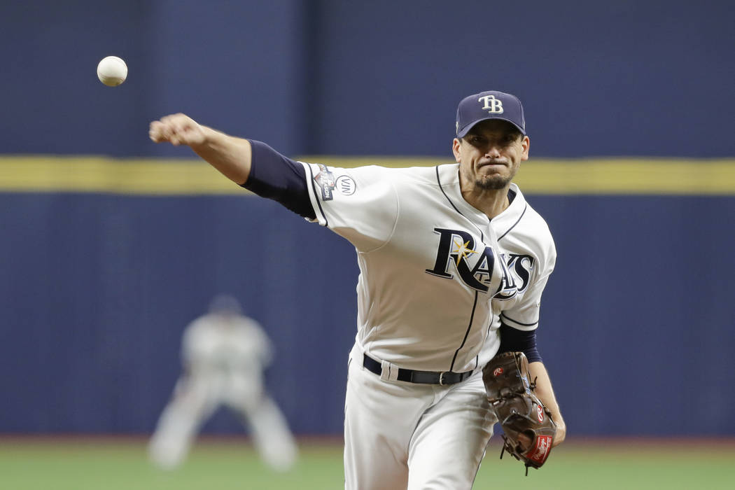 Tampa Bay Rays starting pitcher Charlie Morton (50) throws during the first inning of Game 3 of ...