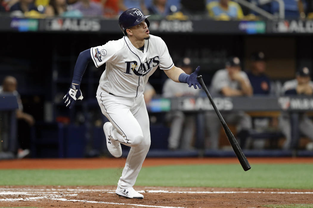 Tampa Bay Rays' Willy Adames hits a double against the Houston Astros during the second inning ...