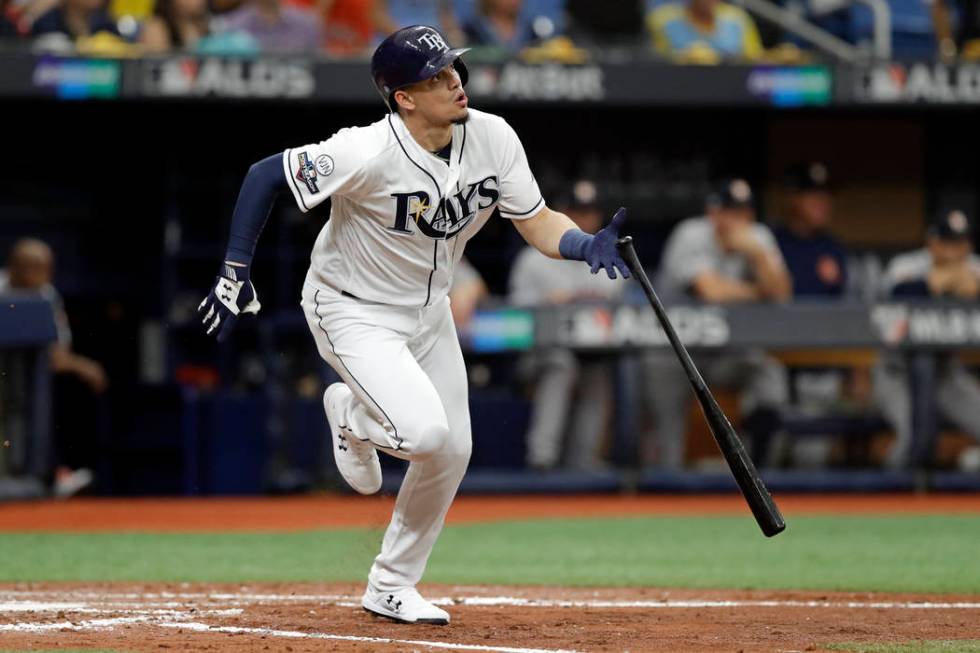 Tampa Bay Rays' Willy Adames hits a double against the Houston Astros during the second inning ...