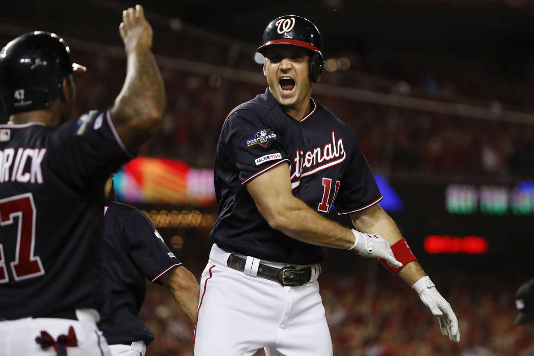 Washington Nationals first baseman Ryan Zimmerman celebrating his three-run homer off Los Angel ...