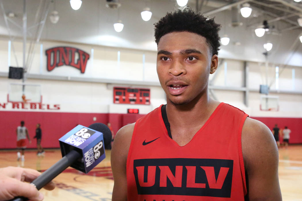 UNLV Rebels guard Bryce Hamilton talks to the media after team's first basketball practice of t ...