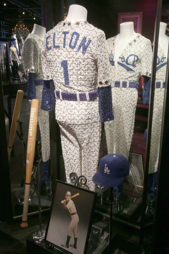 Elton John's Dodgers outfit at a new rock memorabilia exhibit at the Hard Rock Hotel in Las Veg ...