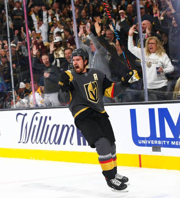 Golden Knights' Mark Stone (61) celebrates his goal against the Boston Bruins during the first ...