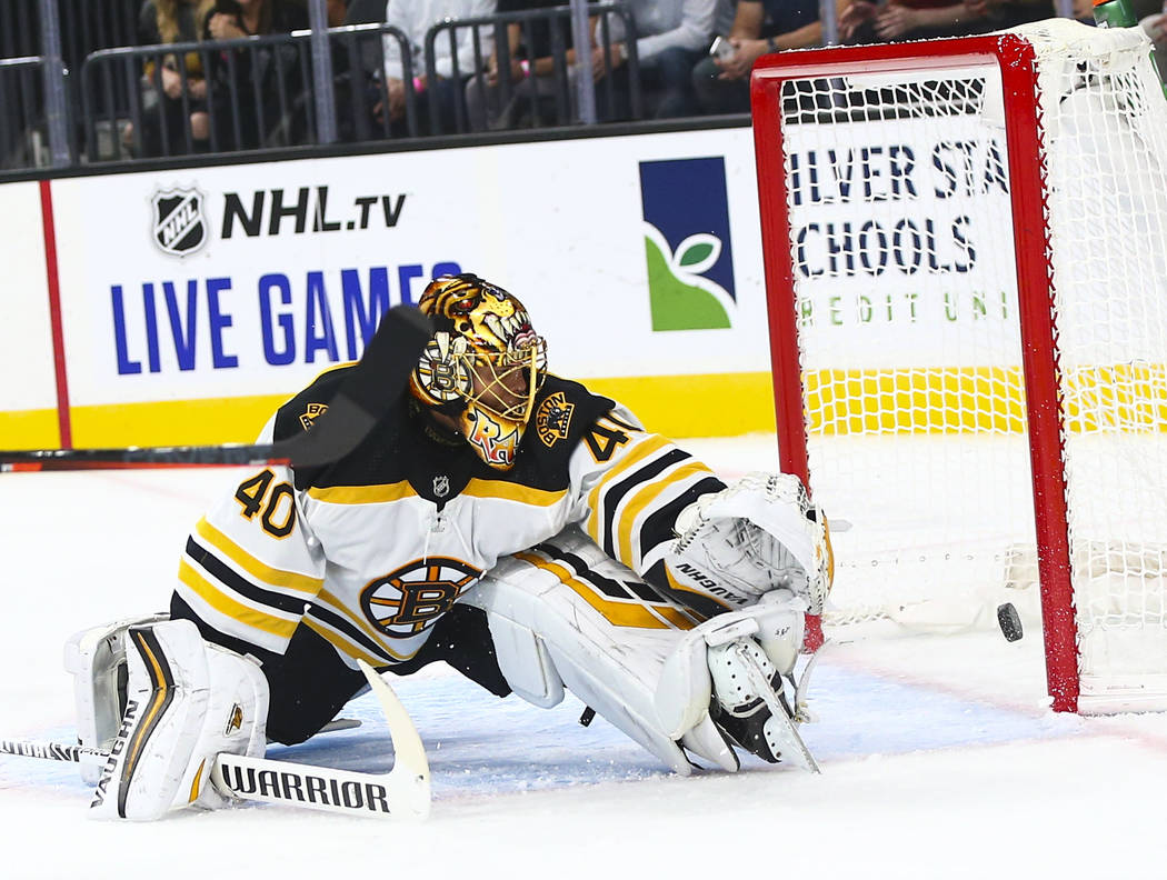 Golden Knights' Mark Stone, not pictured, scores a goal past Boston Bruins goaltender Tuukka Ra ...
