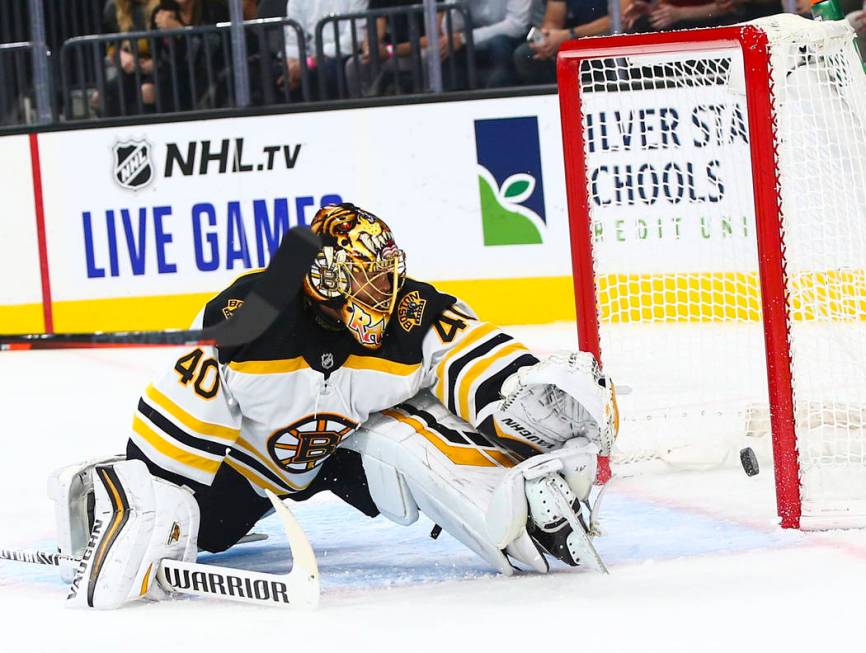 Golden Knights' Mark Stone, not pictured, scores a goal past Boston Bruins goaltender Tuukka Ra ...