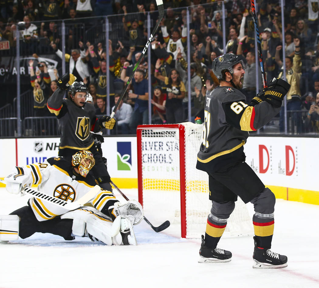 Golden Knights' Mark Stone (61) celebrates after scoring a goal past Boston Bruins goaltender T ...