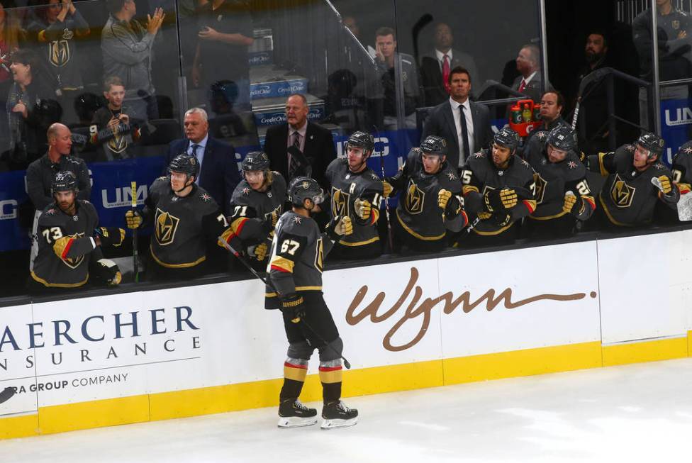 Golden Knights' Max Pacioretty (67) celebrates his goal during the third period of an NHL hocke ...