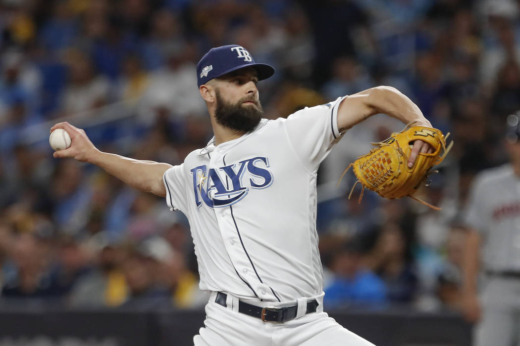 Tampa Bay Rays' Nick Anderson pitches against the Houston Astros in the fifth inning of Game 4 ...