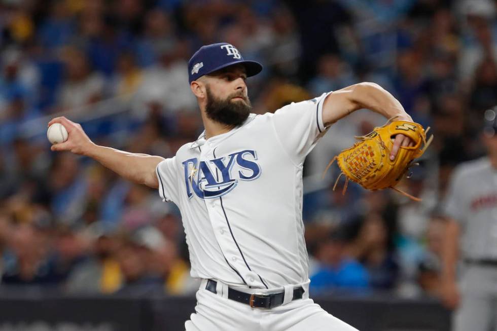 Tampa Bay Rays' Nick Anderson pitches against the Houston Astros in the fifth inning of Game 4 ...