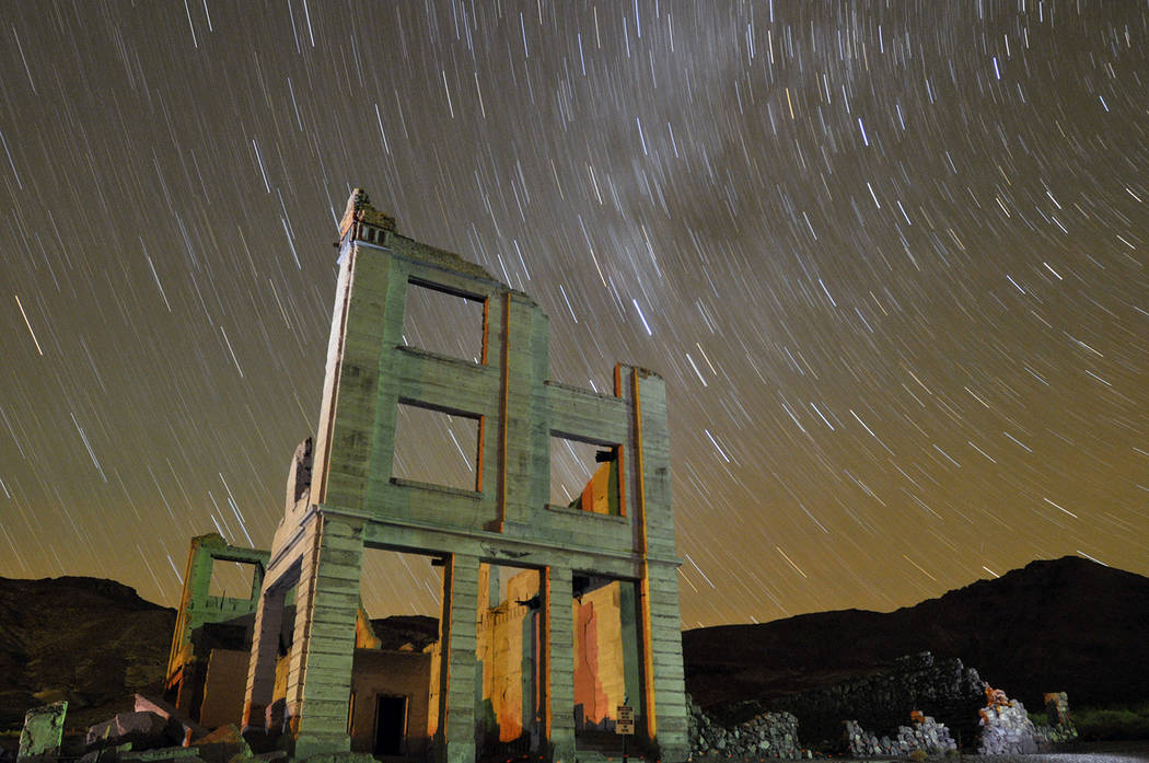 Ruins of the Cook Bank building in Rhyolite, Nev., are shown in this time exposure beneath a ce ...
