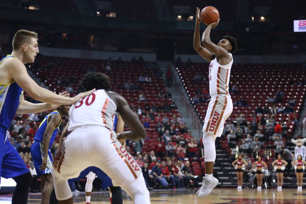 UNLV Rebels guard Bryce Hamilton (13) takes a shot against San Jose State Spartans in the first ...