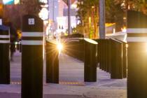 Various sizes of bollards are seen near an exit onto Las Vegas Boulevard South, just up from t ...