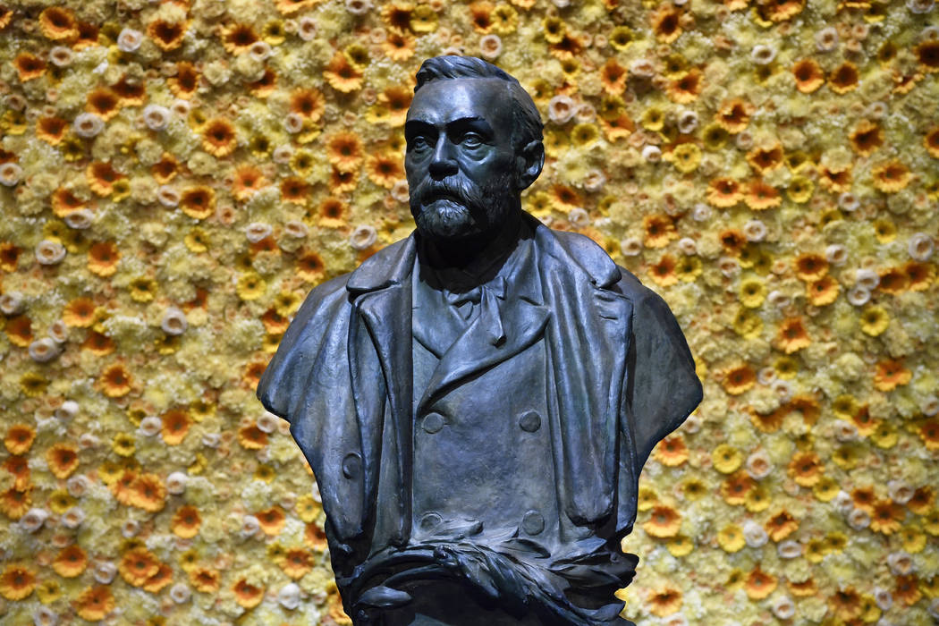 In a Monday, Dec. 10, 2018, file photo, a bust of the Nobel Prize founder, Alfred Nobel on disp ...