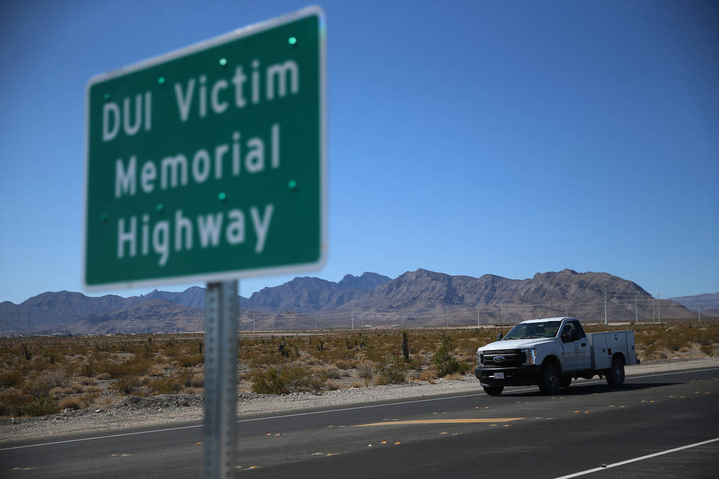 The newly installed DUI Victim Memorial Highway sign on Kyle Canyon Road near U.S. Highway 95 i ...