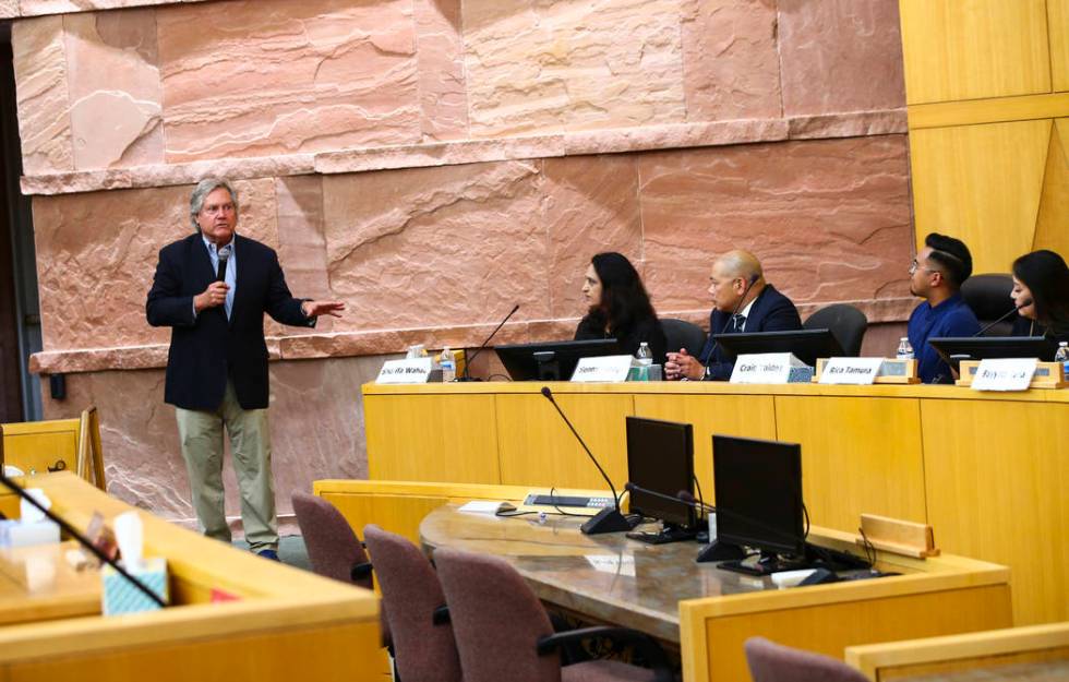 Clark County Commissioner Tick Segerblom speaks during the inaugural meeting of the 15-member A ...