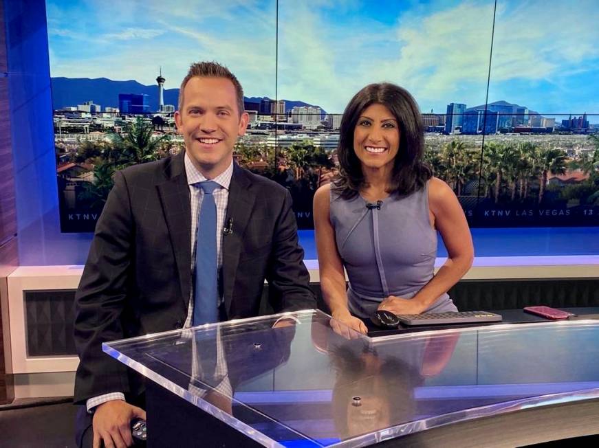 Dayna Roselli is shown with meteorologist Justin Bruce at KTNV Channel 13 on Wednesday, Oct. 9, ...