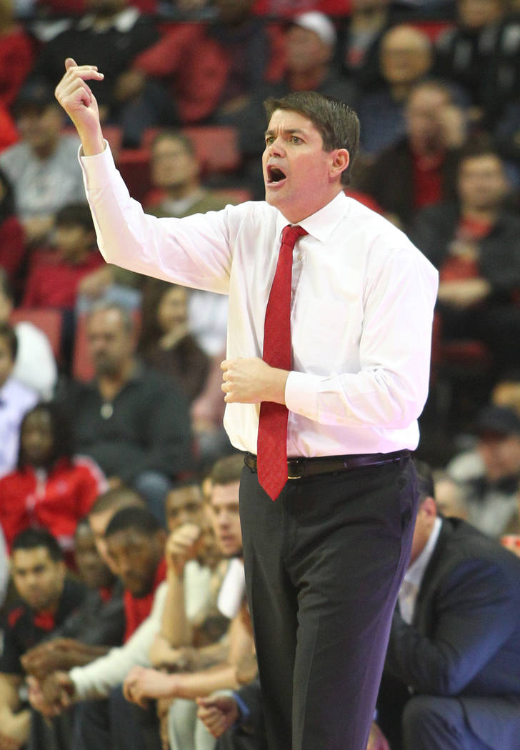 UNLV head coach Dave Rice shouts out to his team during a game against Northern Iowa at the Tho ...