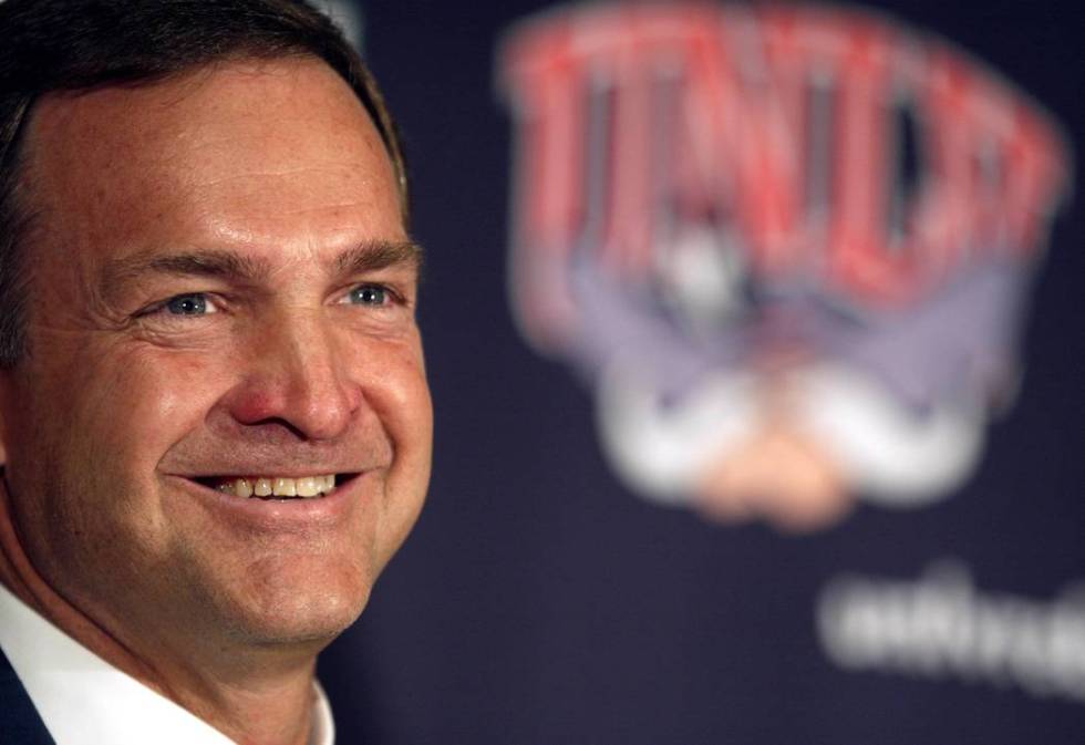 UNLV men's basketball coach Lon Kruger laughs during a press conference at Thomas and Mack Cent ...