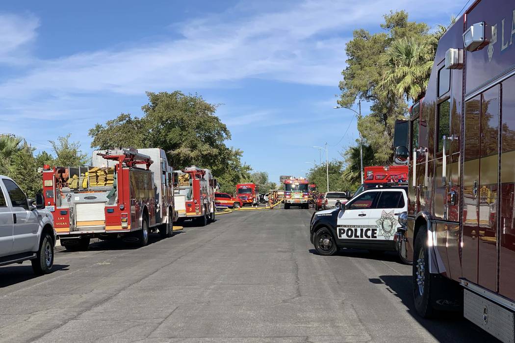 Las Vegas fire crews battle a fire at 241 View Drive, near South Decatur Boulevard and Alta Dri ...