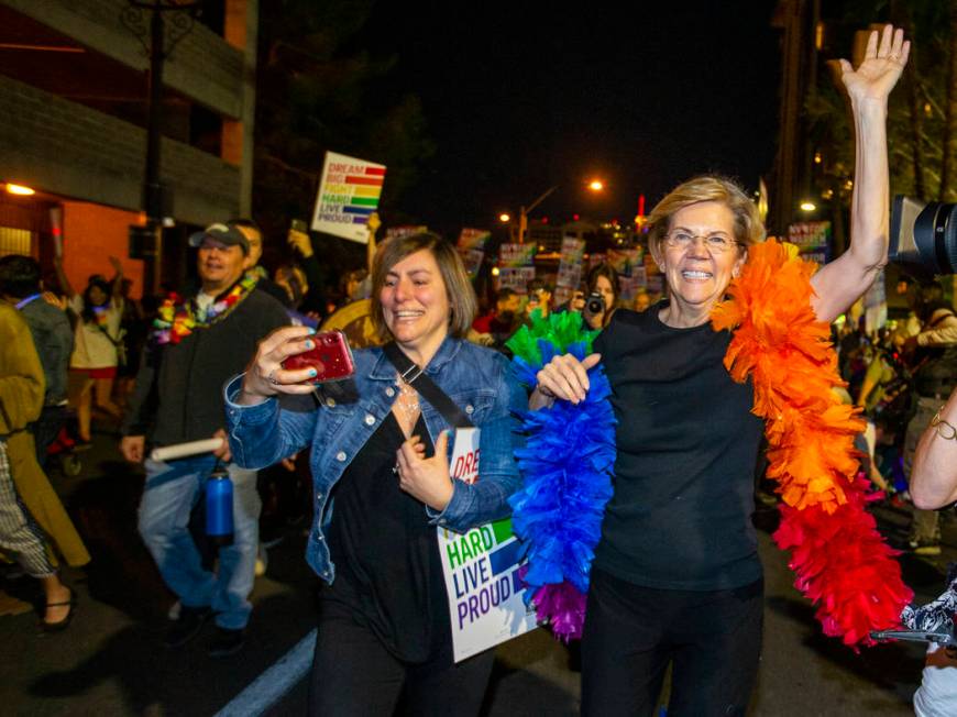 Democratic presidential candidate Sen. Elizabeth Warren, D-Mass., marching in the Pride parade ...