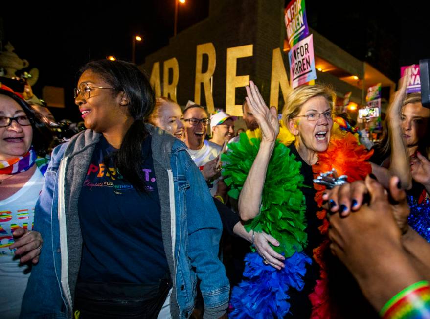 Democratic presidential candidate Sen. Elizabeth Warren, D-Mass., marching in the Pride parade ...