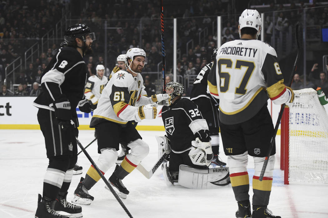 Vegas Golden Knights right wing Mark Stone (61) reacts after teammate left wing Max Pacioretty ...