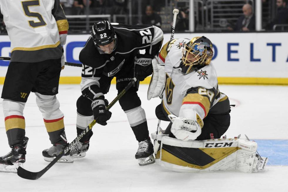 Vegas Golden Knights goalie Marc-Andre Fleury makes a save as Los Angeles Kings center Trevor L ...