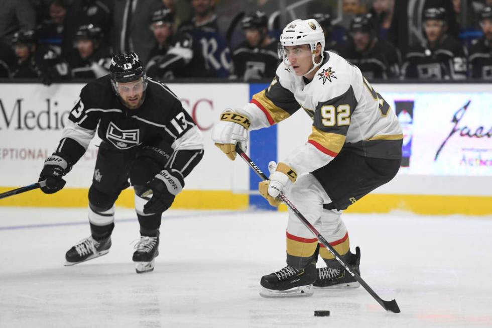 Vegas Golden Knights center Tomas Nosek, of the Czech Republic, advances the puck as Los Angele ...