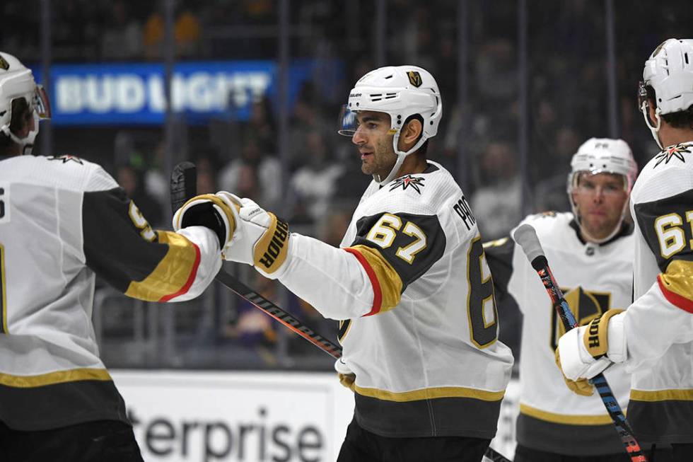 Vegas Golden Knights left wing Max Pacioretty (67) is congratulated after scoring against the L ...